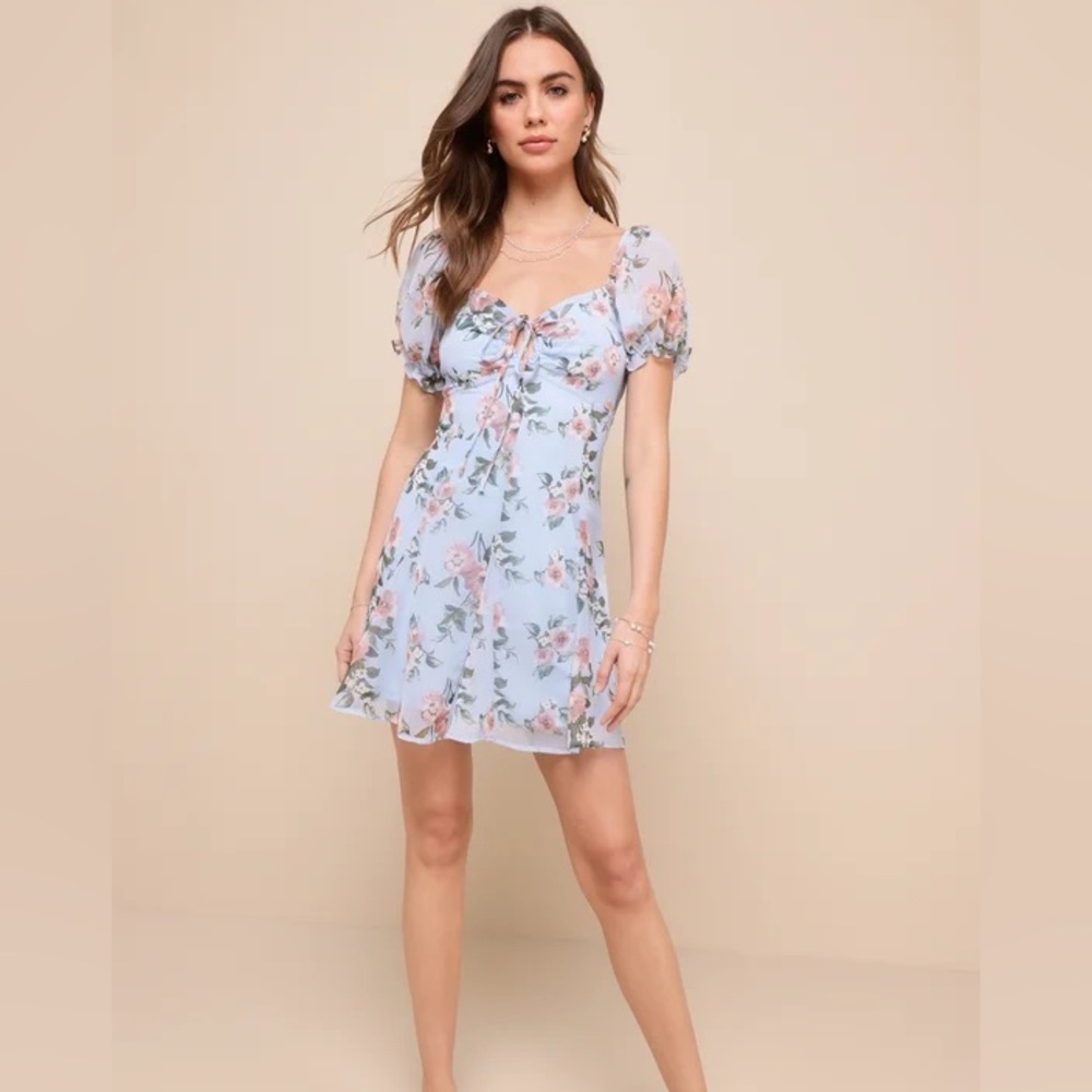 Lulu’s Precious Perspective Light Blue Floral Puff Sleeve Mini Dress